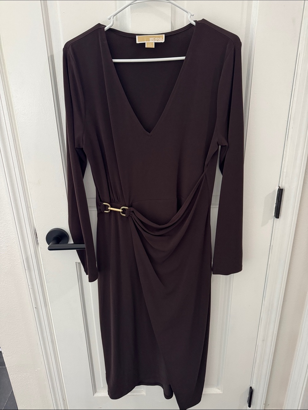 MICHAEL Michael Kors Chocolate Brown Long-Sleeve V-Neck Dress with Gold Buckle